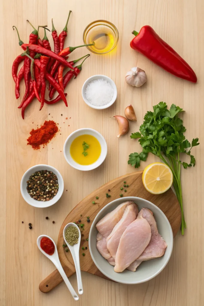 Flat lay of peri peri chicken ingredients including red chilies, garlic, lemon, paprika, olive oil, and chicken on a wooden surface.