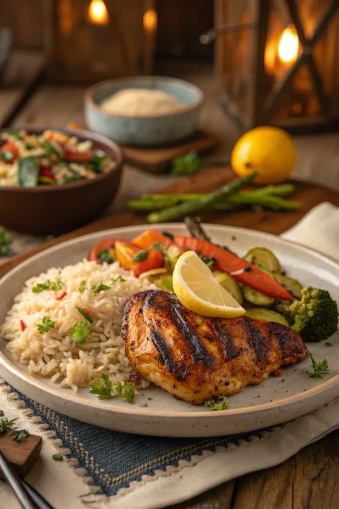 Peri peri chicken served with rice, grilled vegetables, and lemon wedge on a rustic dinner table.