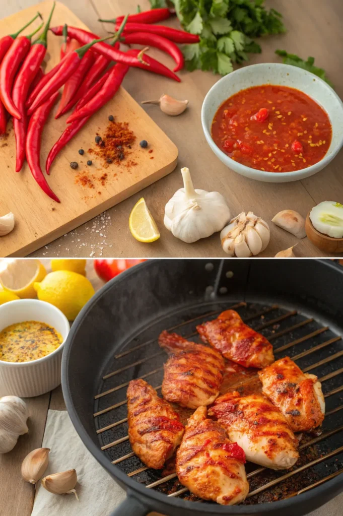 Steps of making peri peri chicken from sauce blending to grilling, featuring chilies, garlic, and lemon.