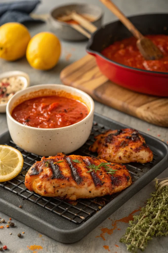 Cook marinating and grilling peri peri chicken coated in spicy red sauce with smoky grill marks.