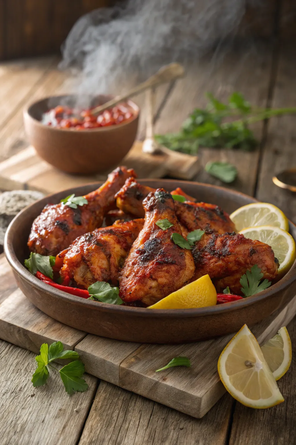 Grilled peri peri chicken glazed with spicy red sauce, garnished with parsley and lemon wedges on a rustic table.