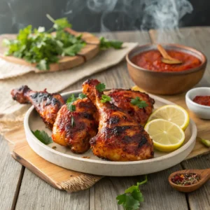 Grilled peri peri chicken glazed with spicy red sauce, garnished with parsley and lemon wedges on a rustic table