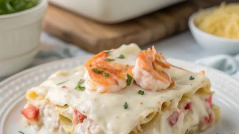 Golden-baked seafood lasagna with shrimp, crab, and scallops layered in creamy white sauce, garnished with parsley and lemon on a white plate