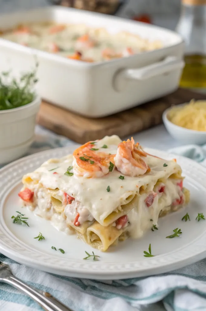 Golden-baked seafood lasagna with shrimp, crab, and scallops layered in creamy white sauce, garnished with parsley and lemon on a white plate