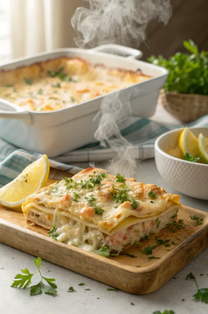 Hot seafood lasagna topped with parsley and lemon zest, showing golden melted cheese and creamy layers.
