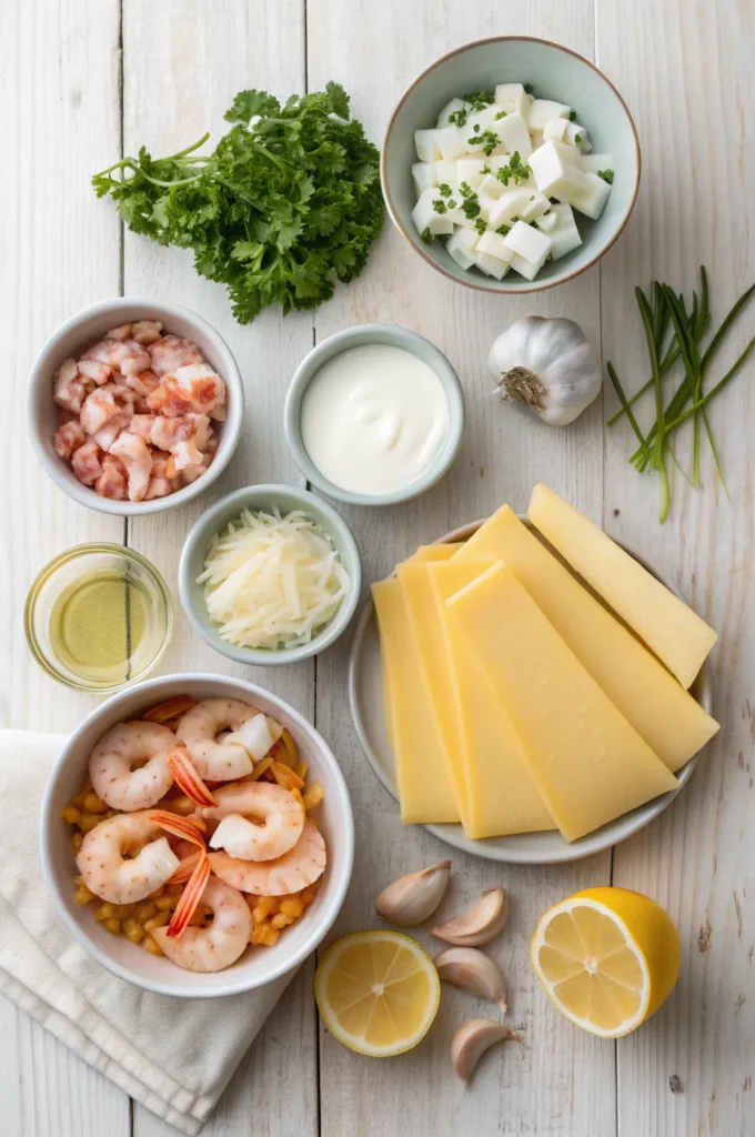 Top-down view of fresh seafood lasagna ingredients including shrimp, crab, noodles, cheese, and herbs on a wooden table.