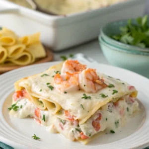 Golden-baked seafood lasagna with shrimp, crab, and scallops layered in creamy white sauce, garnished with parsley and lemon on a white plate