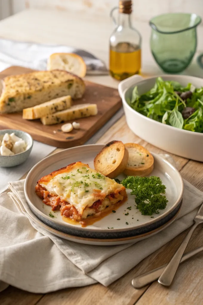 Seafood lasagna served with garlic bread and a green salad on a rustic dinner table with warm natural lighting.