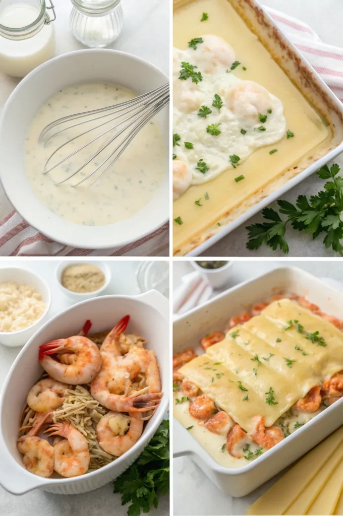 Four-step seafood lasagna pin showing prep, sauce, layering, and golden baked finish.