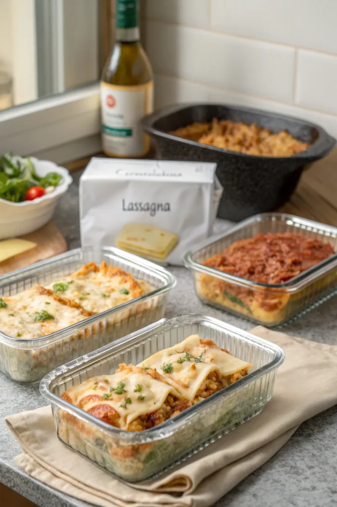 Seafood lasagna slices wrapped in foil and stored in glass containers on a kitchen counter.