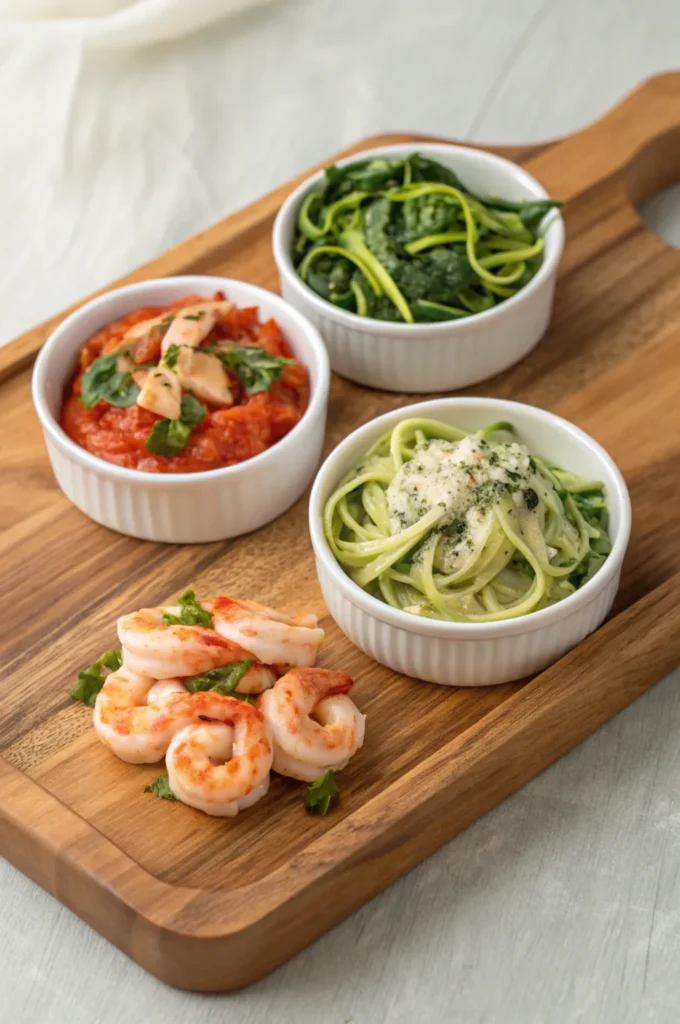 Different seafood lasagna variations — shrimp and spinach, crab with tomato sauce, and zucchini noodle version on a wooden board.