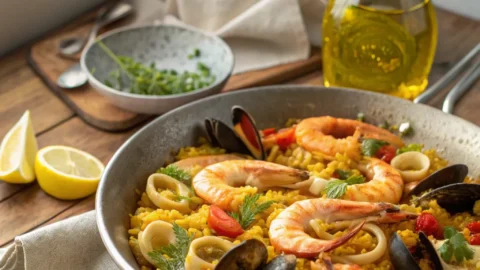 Golden seafood paella in a pan with shrimp, mussels, and saffron rice, garnished with parsley and lemon on a rustic wooden table.