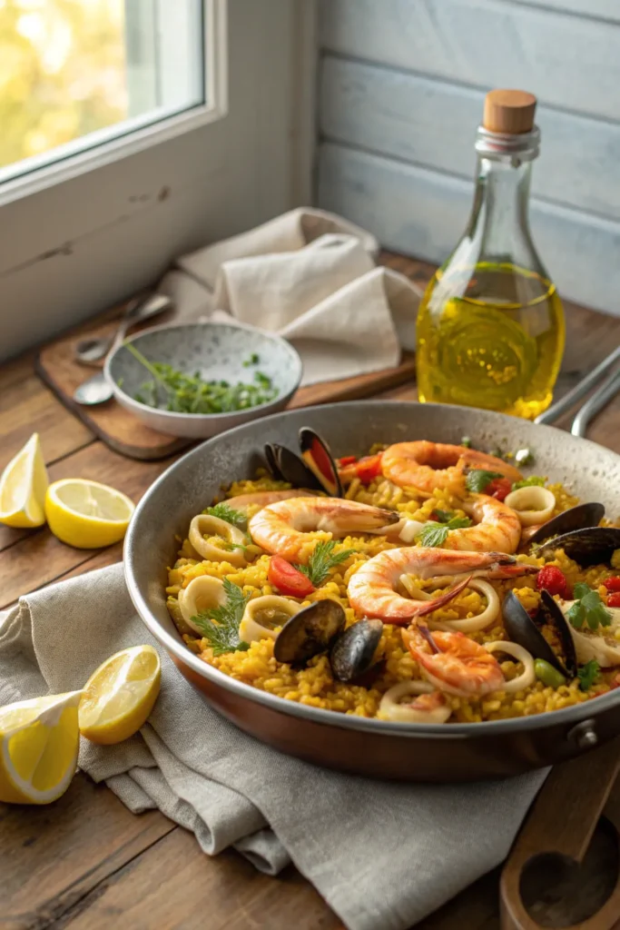 Golden seafood paella in a pan with shrimp, mussels, and saffron rice, garnished with parsley and lemon on a rustic wooden table.