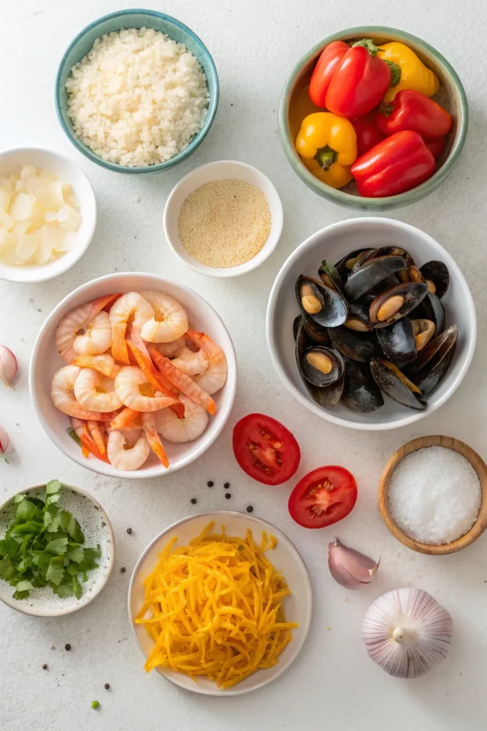 Flat-lay of ingredients for seafood paella including rice, shrimp, mussels, saffron, and vegetables.