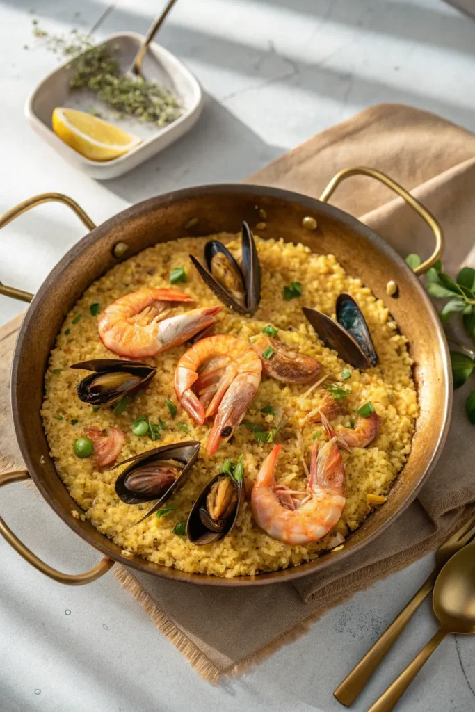 Overhead shot of seafood paella showing golden crispy rice layer and tender seafood on top.