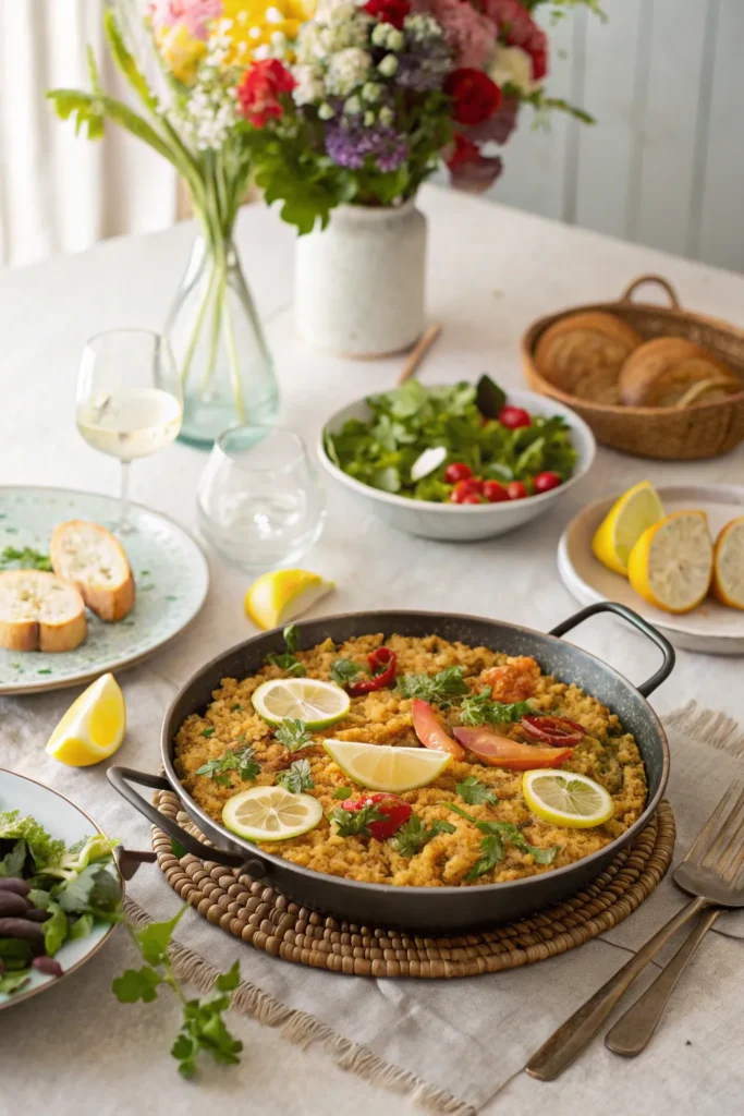 Family-style table with seafood paella served alongside salad, bread, and lemon wedges.