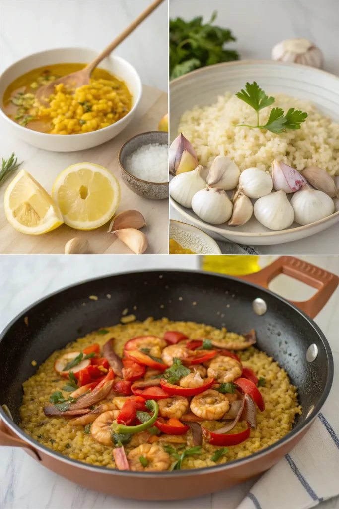 Four-step collage showing how to make seafood paella from sautéing to serving.