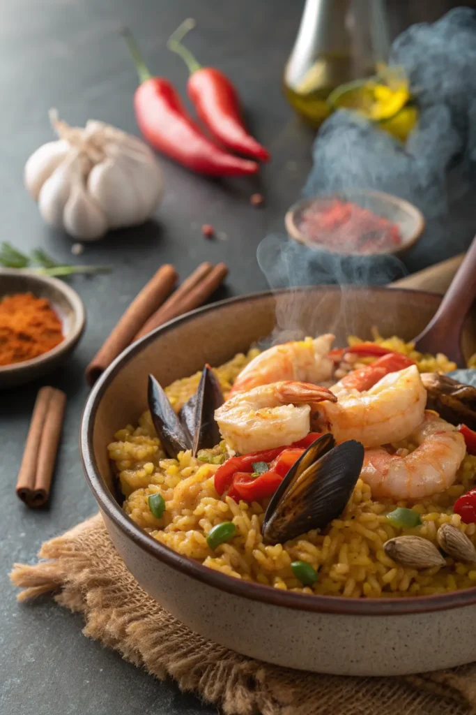 Close-up of saffron rice and seafood highlighting the vibrant colors and ingredients of paella.