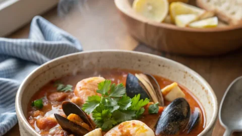 A warm bowl of seafood stew with shrimp, mussels, and fish in tomato broth, garnished with parsley and lemon, served with bread on a rustic table.