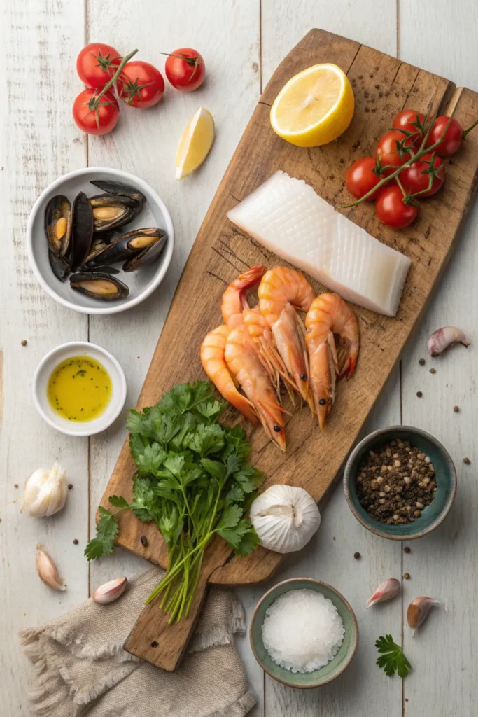 Flat-lay of seafood stew ingredients including shrimp, fish, mussels, and herbs on a cutting board.