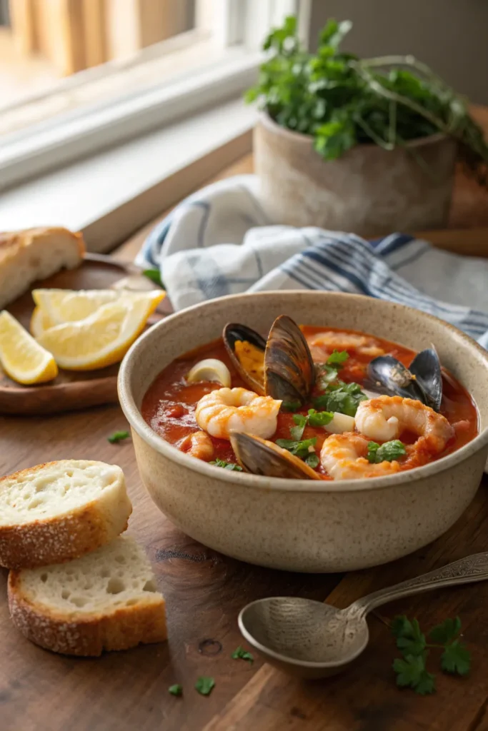 seafood stew with a spoon, steam rising from the pot.
