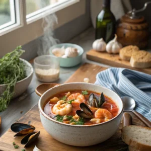 A cozy kitchen scene with a bowl of seafood stew surrounded by fresh seafood and herbs.