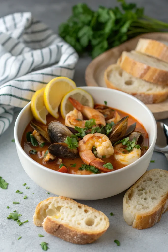 Bowl of seafood stew served with bread, and lemon wedges on a rustic table.