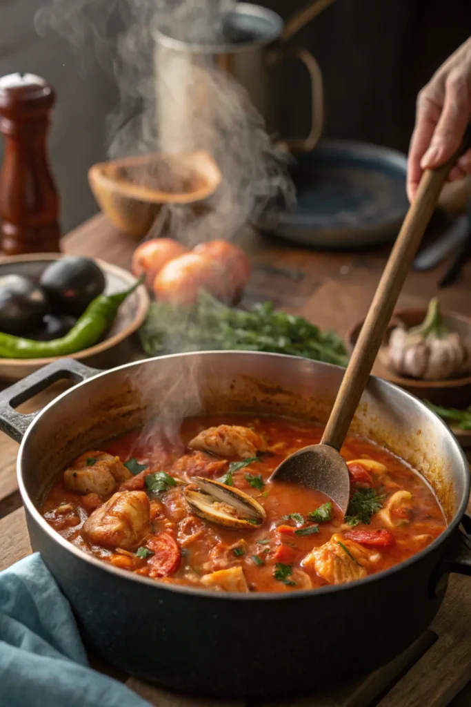 A pot of seafood stew simmering on the stove with a wooden spoon stirring.