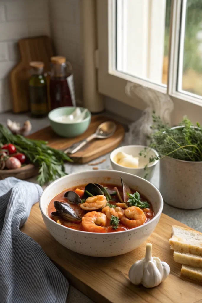A cozy kitchen scene with a bowl of seafood stew surrounded by fresh seafood and herbs