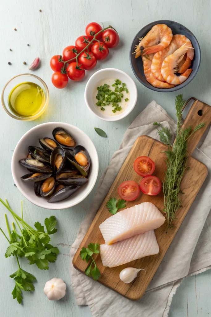A top-down shot showing the simplicity of cooking seafood stew — fresh ingredients neatly arranged: shrimp, fish fillets, mussels, tomatoes, garlic, olive oil, and herbs. Emphasize freshness and color harmony.