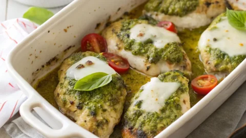 Baked pesto chicken breasts with melted mozzarella and basil in a white baking dish