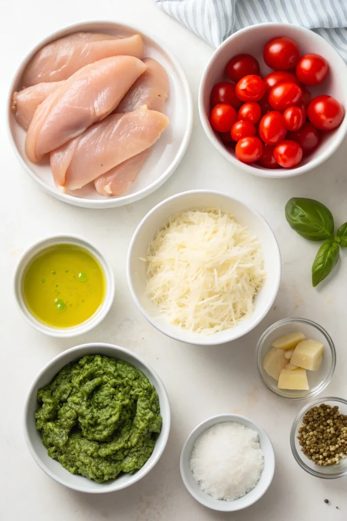 Measured ingredients for baked pesto chicken arranged in bowls on a countertop.
