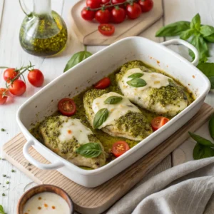 Juicy baked pesto chicken with golden melted cheese and fresh basil on a white plate.