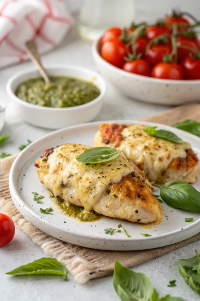 Baked pesto chicken served over pasta with cherry tomatoes and fresh basil.