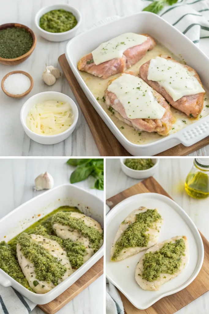 Four-step collage showing seasoning, coating, topping, and baking pesto chicken.