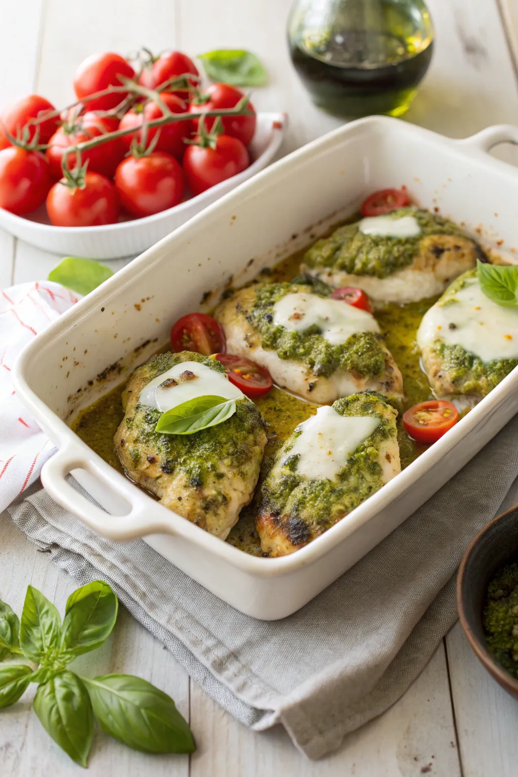 Baked pesto chicken breasts with melted mozzarella and basil in a white baking dish