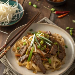 Close-up of glossy beef chow fun noodles with beef and scallions.