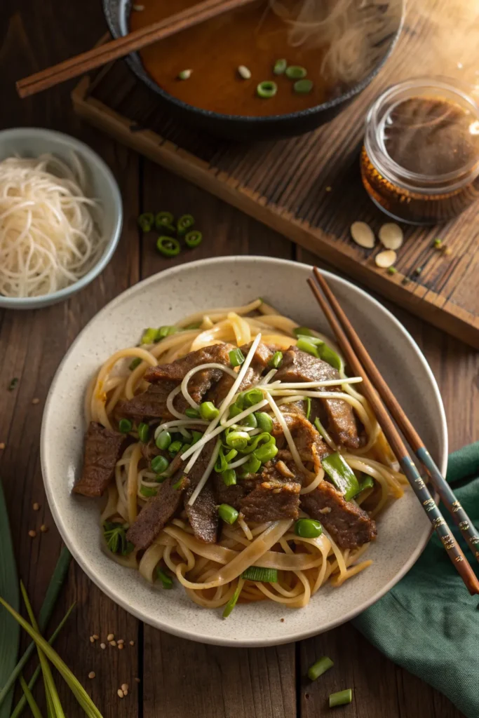 Close-up of glossy beef chow fun noodles with beef and scallions.