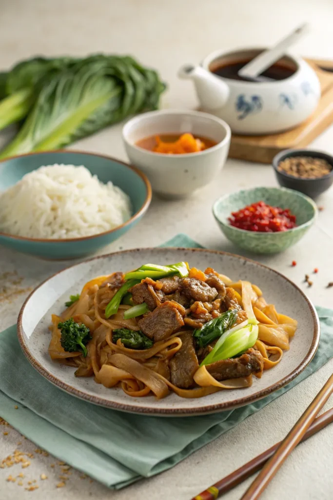 Beef Chow Fun served with bok choy, rice, and chili oil on a dining table