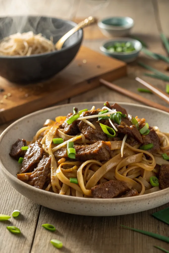 Beef Chow Fun served on a plate with wide noodles, beef, and scallions.