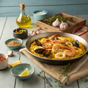 Pan of seafood paella with shrimp, mussels, and saffron rice on a rustic wooden table in warm natural light.