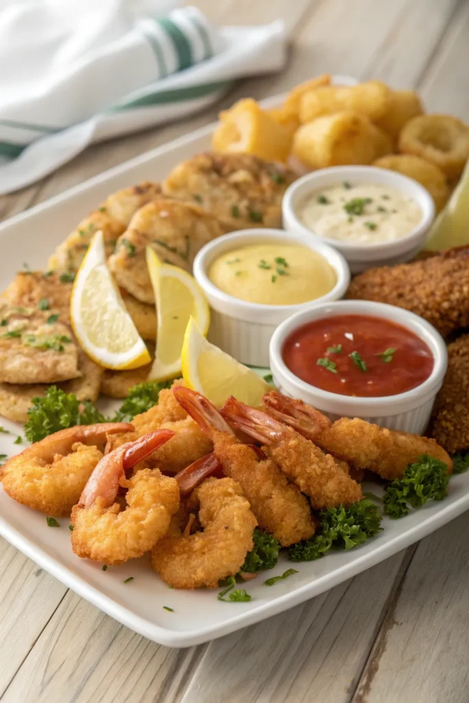 Crispy fried seafood with light golden batter on parchment paper with lemon wedges.