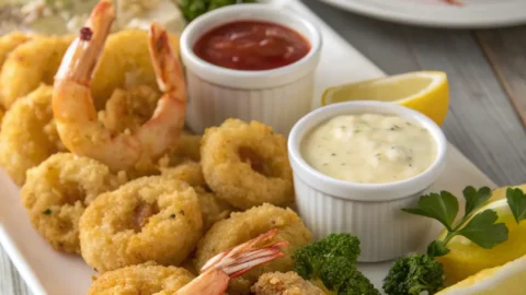 Bowl of golden seafood batter surrounded by shrimp, calamari, fish, and ingredients on a rustic table.