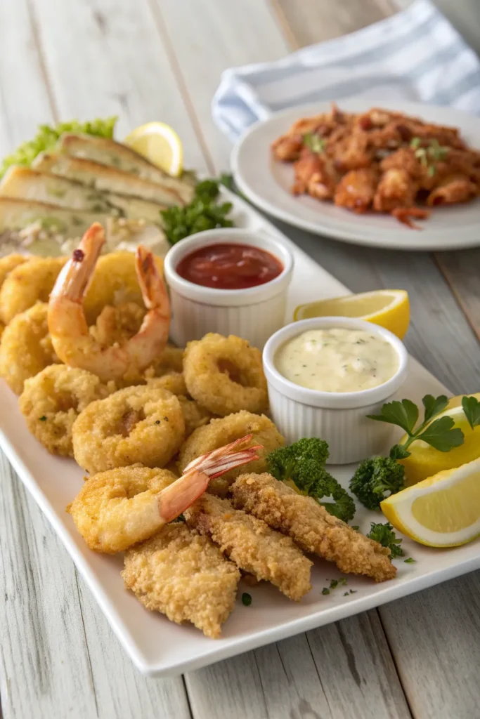 Bowl of golden seafood batter surrounded by shrimp, calamari, fish, and ingredients on a rustic table.