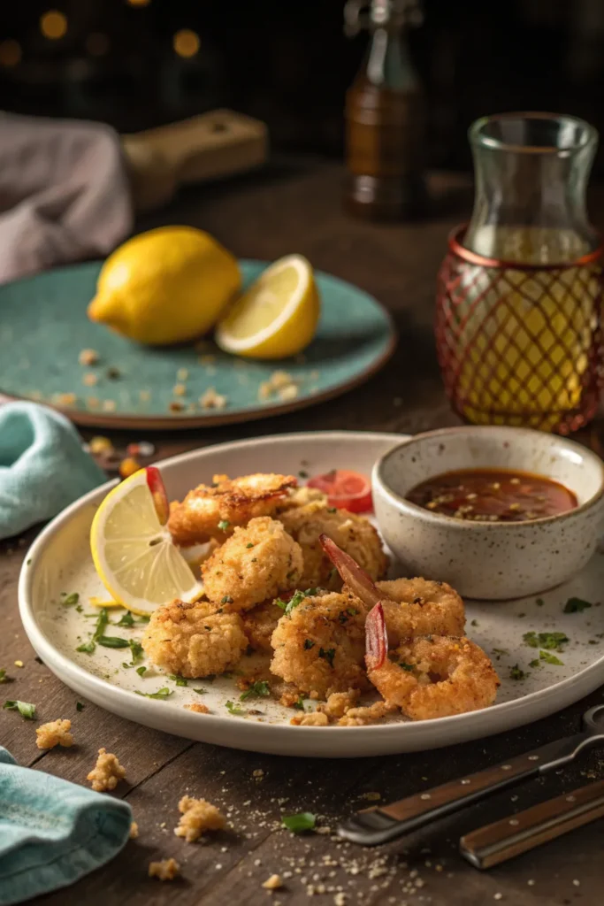 Nearly empty plate of crispy fried seafood with lemon rinds and sauce remnants.