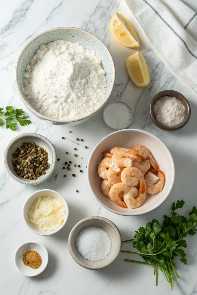 Flat-lay of seafood batter ingredients including flour, cornstarch, spices, and sparkling water.