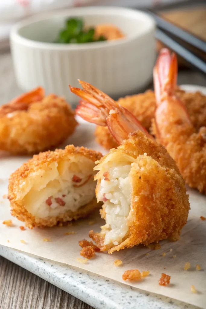 Close-up of crispy fried shrimp showing crunchy batter texture.