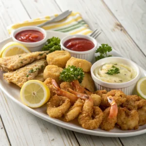Crispy fried seafood with light golden batter on parchment paper with lemon wedges.