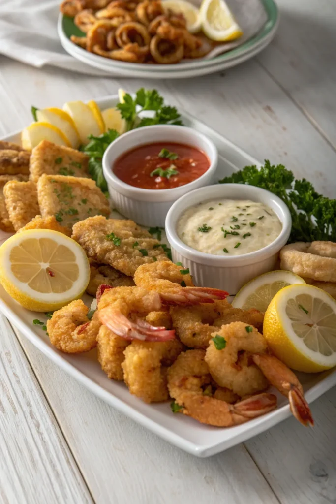 Platter of crispy fried seafood served with lemon wedges and dipping sauces.