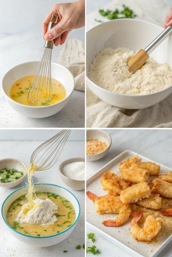 Four-step collage showing how to mix batter, coat seafood, and fry to golden crispiness.